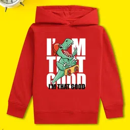 NUSYL Fleece Full Sleeves Dinosaur & Text Printed Hoodie - Red-image-41