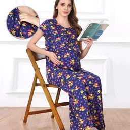 Bella Mama Cotton Knit Half Sleeves Concealed Zipper Floral Printed Nighty - Royal Blue-image-32