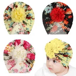 SYGA Pack of 3 Cotton Floral Printed Caps Black Yellow & Peach - Diameter 18 cm-image-88