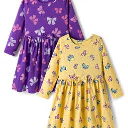 Honeyhap Premium 100% Cotton Knit Bio Finish Full Sleeves Dresses with Bow & Butterfly Print & Bow Applique Pack of 2 - Popcorn & Lilac Breeze-picture-17