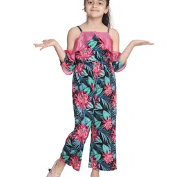 StyleStone Woven Cold Shoulder Frill Detailed Floral Printed Jumpsuit - Pink & Navy Blue-picture-10