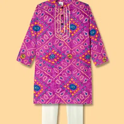 Teentaare Cotton Woven Full Sleeves Bandhani Printed Kurta & Pyjama Set - Purple & White-picture-19