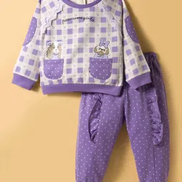 ToffyHouse Knitted Full Sleeves Top & Joggers Set With Checks Animal Print Frills & Pockets - Purple & White-picture-16