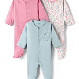 I Bears Interlock Knit Full Sleeves Footed Sleepsuit With Floral Print Pack Of 3 - Light Blue Pink & White-picture-10