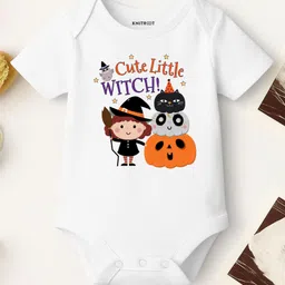 KNITROOT Halloween Theme Cotton Lycra Knit Half Sleeves Cute Little Witch Text Printed Onesie - White-picture-18