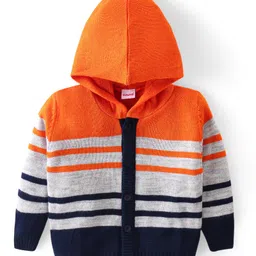 Babyhug Knitted Full Sleeves Striped Hooded Front Open Sweater Set - Navy Blue Grey & Orange image 2