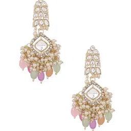 Ishin Gold Plated Kundan Studded And Beaded Geometric Drop Earrings image 3