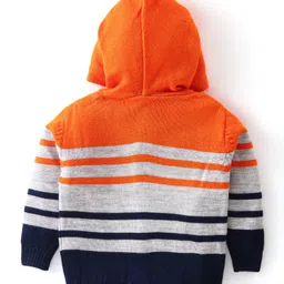 Babyhug Knitted Full Sleeves Striped Hooded Front Open Sweater Set - Navy Blue Grey & Orange image 3
