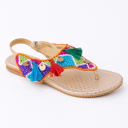 LIL PITAARA Beads Embellished & Tassels Detailed Zari Sandals - Gold image 4