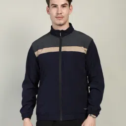 Chkokko Dark Grey & Navy Regular Fit High Neck Wind Cheater Jacket-image-6