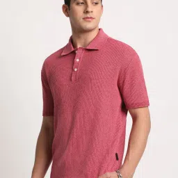The Bear House Pink Cotton Slim Fit Self Pattern Polo T-Shirt image 3