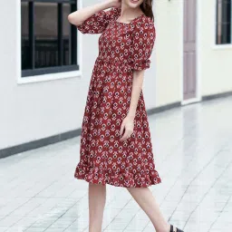 SELVIA Brown Cotton Printed A-Line Dress image 3