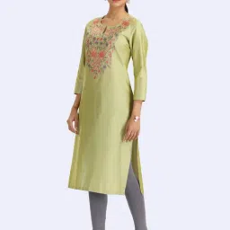 Cotton Culture Lime Green Regular Fit Floral Kurta image 3