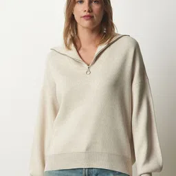Happiness istanbul Bej Women Ribbed Shirt Collar Pullover Sweater-picture-12