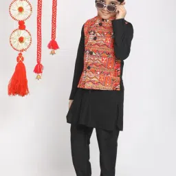 VASTRAMAY Kids Orange & Black Embroidered Nehru Jacket image 4