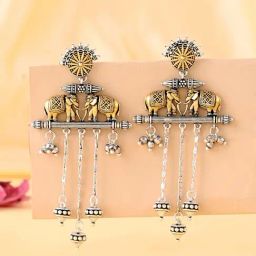 Voylla Silver Qasbah Haathi Mere Sathi Oxidised Two Toner Drop Earrings-picture-12