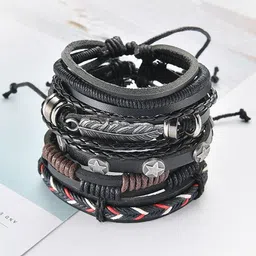 MEENAZ Men Set Of 5 Wraparound Leather Bracelet-picture-31