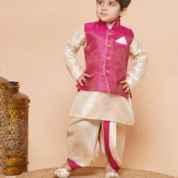 AJ Dezines Raw Silk Full Sleeves Solid Kurta With Ethnic Motif Foil Self Design Jacket & Coordinating Dhoti - Pink-picture-25