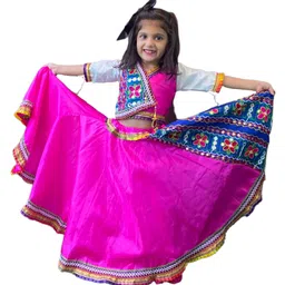 Aglare Navratri Theme Three Fourth Sleeves  Mirror Work Embroidered And Lace Embellished  Coordinating Lehenga Choli Set - Pink-picture-24