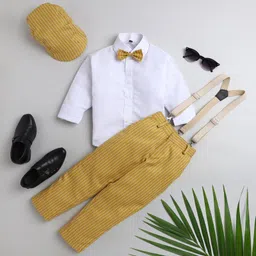 Jeet Ethnics Full Sleeves Solid Shirt With Striped Pant Bow Cap & Suspender Set - Yellow-image-9
