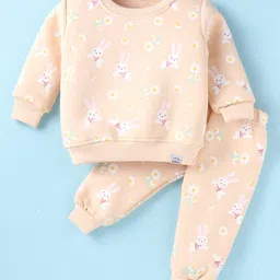Teddy Fleece Knit Full Sleeves Winter Wear Night Suit with Floral & Bunny  Print - Light Peach-picture-32