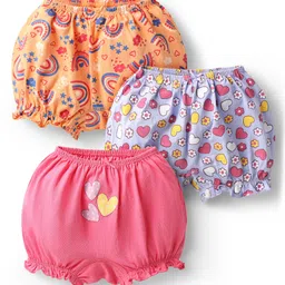 Babyoye Cotton Elastane Knit Heart & Floral Printed Bloomers Pack of 3 - Pink Light Blue & Orange-image-94