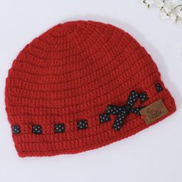 Funkrafts Woollen Handmade Knitted Polka Dots Designed Bow Applique Detailed Beanie Cap - Red-image-72