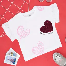 YU by Pantaloons Cotton Half Schfilli Sleeves Heart Shaped Sequins Embellished Top - White-picture-11
