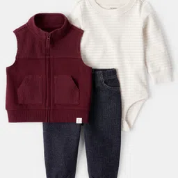 Carter's Knit Jacket & Joggers Set with Full Sleeves Onesie with Stripes - Cream & Dark Red-image-6