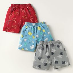 CUCUMBER Sinker Knit Above Knee Length Printed Shorts Pack of 3 - Red Grey & Light Blue-picture-22