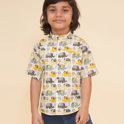 LIL PITAARA Pure Cotton Half Sleeves Elephants Printed Shirt - Cream-picture-21