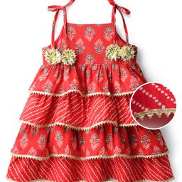 EARTHY TOUCH Cotton Woven Sleeveless Layered Ethnic Dress with Floral Print & Lace Detailing - Red-picture-33