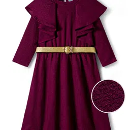 Hola Bonita Knit Full Sleeves Solid Colour Textured Fabric Frocks With Belt - Wine-picture-22