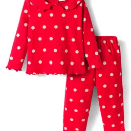 Babyhug Cotton Knit Full Sleeves Peter Pan Collar Co-ords Night Suit With Polka Dots Print - Red-picture-20