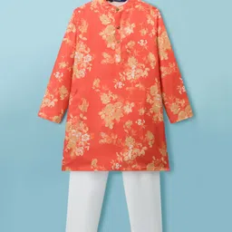 Pine Kids Woven Full Sleeves Kurta Pyjama Set With Floral Print - Orange-picture-14