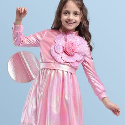 Hola Bonita Knit Glitter Party Dress & Full Sleeves Jacket With Rose Applique & Sequin Detailing - Pink-picture-25
