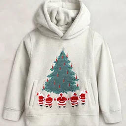 Cherry Crumble By Nitt Hyman Knit Christmas Theme Full Sleeves Tree & Santa Claus Patch Detailed Light Winter Unisex Hooded Sweatshirt -White-picture-14