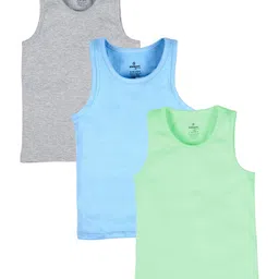 Kiddopanti Cotton Knit Pack Of 3 Sleeveless Solid Vests - Blue Grey Melange & Green-picture-16