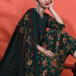 Sangria Floral Embroidered A-Line Pure Cotton Kurta With Trousers & Dupatta image 2