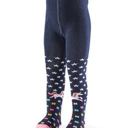 cute walk by babyhug Cutewalk by Babyhug Non Terry Footed Anti Bacterial Unicorn & Star Design Tights  - Navy Blue image 2