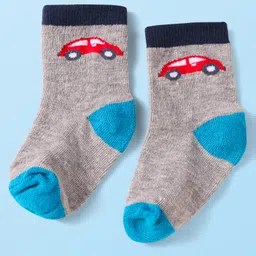 Cute Walk by Babyhug Knit Ankle Length Striped Socks With Vehicle Design Pack of 3 - Red Grey & Blue image 2