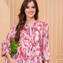 HIGHLIGHT FASHION EXPORT Women Straight Abstract Printed Tie-Up Neck Casual Top-picture-13