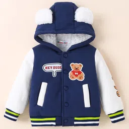 Kookie Kids Full Sleeves Hooded Bomber Jacket With Bear Print & Ears Applique - Navy Blue image 3