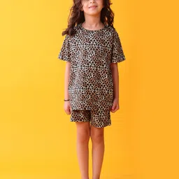 Anthrilo 100% Organic Cotton Knit Half Sleeves Leopard Printed Tee & Coordinating Shorts Set - Black image 5