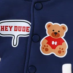 Kookie Kids Full Sleeves Hooded Bomber Jacket With Bear Print & Ears Applique - Navy Blue image 5