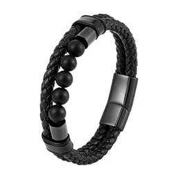 meenaz Bracelet for Men Black Leather Bracelet for boys manMagnetic-Clasp Leather Mens Beads Bracelet Evil eye Bracelets for Man Stylish Combo Silver Stainless Steel Birthday Gift Anniversary Husband image 1