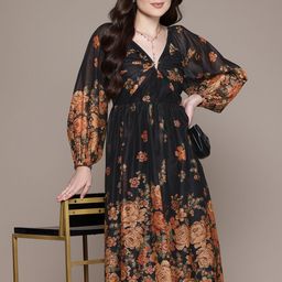 Label Ritu Kumar Floral Printed Smocked Detail V-Neck Puff Sleeve A-Line Midi Dress-picture-33