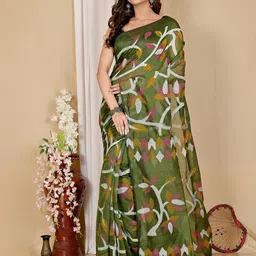 PuJoy Printed Pure Cotton Taant Saree-image-1