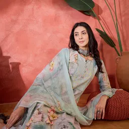 Sangria Women Floral Embroidered Cotton Kurta with Trousers & Dupatta image 5