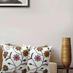 Vinayaka Fab Cream-Coloured Set of 2 Embroidered Square Cushion Covers image 3